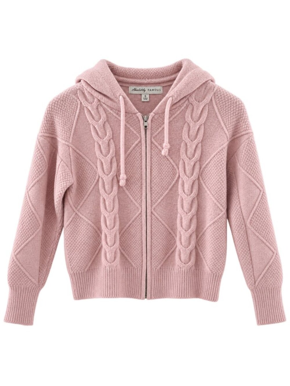 Absolutely Famous Pink Hooded Cable Knit Zip-Up Sweater Small Size Acrylic Blend